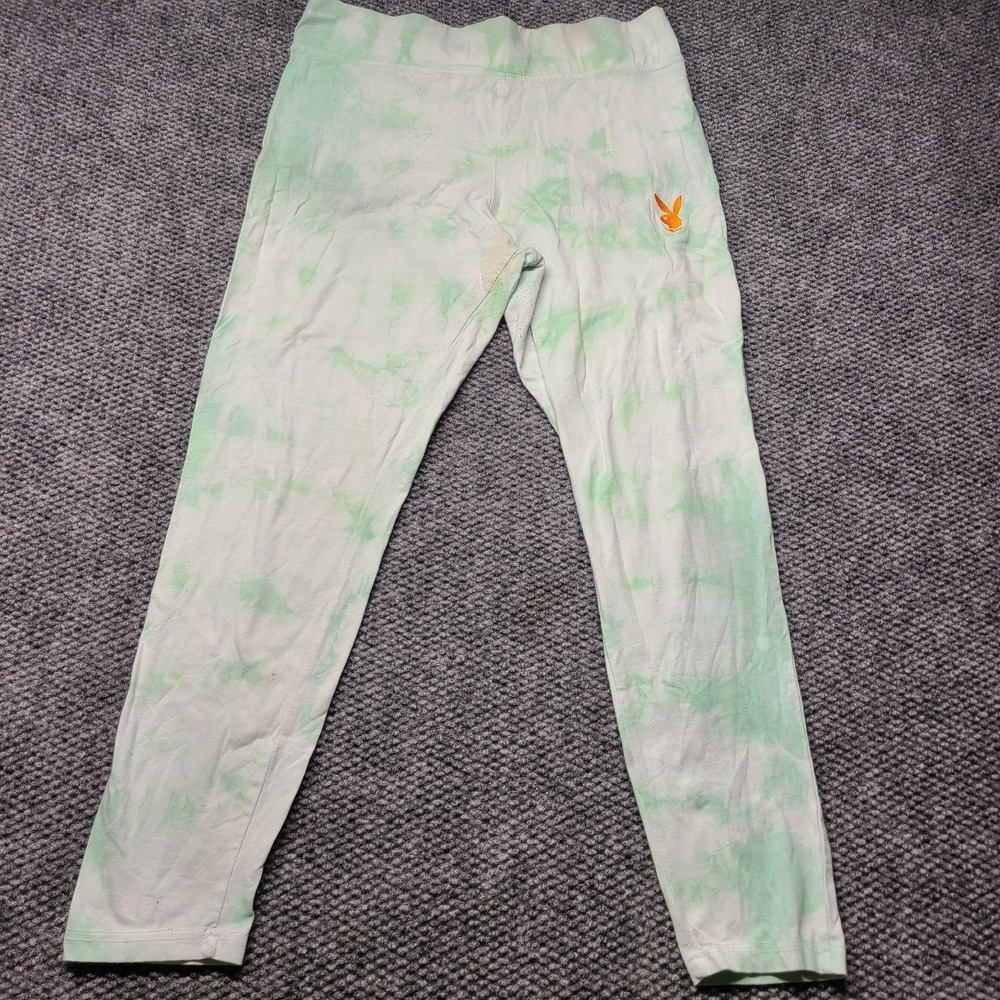 Playboy x Missguided Lounge Pants Womens White Green Tie-Dye Rabbit Head Logo